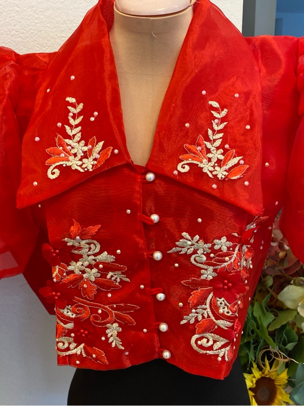 Red Embroidered Filipiniana Blouse Organza Button-Front Women's Top
